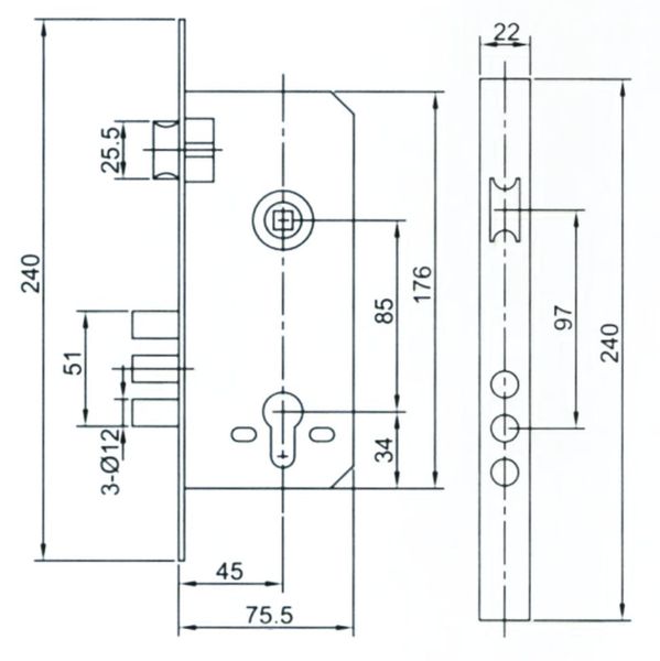 Корпус замка USK 6005R-3R (під стяжки) без планки (NP) Нікель (металевий колір) 1939 фото